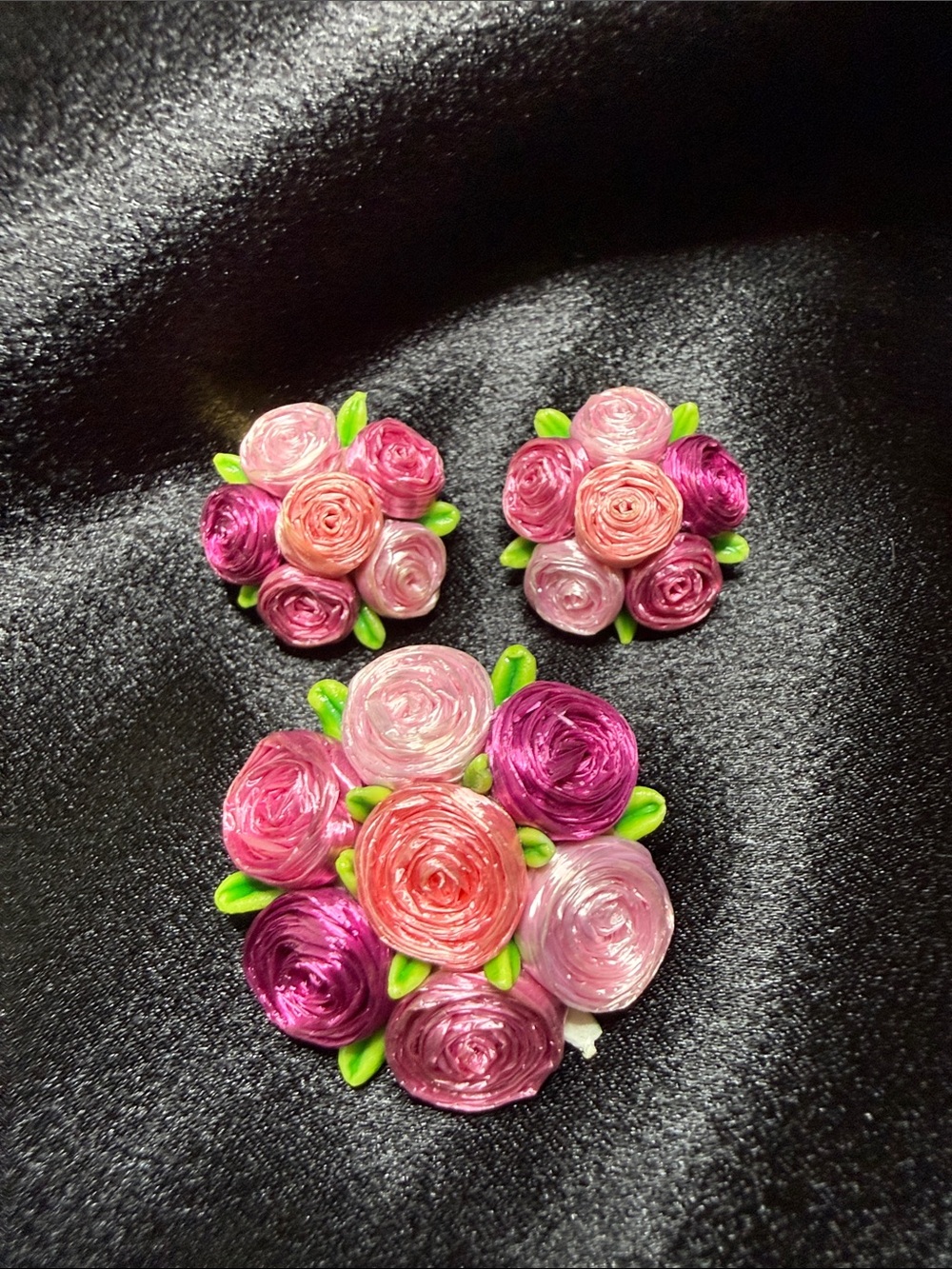 Vintage Pink & Purple Floral Cluster Brooch Set - Women Jewelry